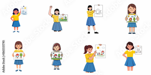 Set of schoolgirls proudly holding up their colorful childhood drawings and sketches, illustrating creativity, education, and artistic achievement.