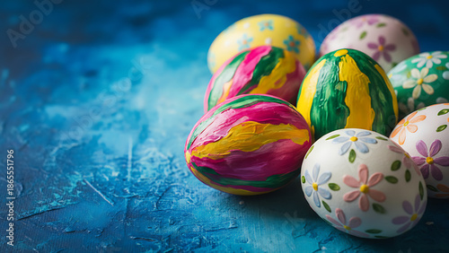 Hand-Painted Easter Eggs on Textured Blue Background, Artistic Decoration, Vibrant Holiday Art, Textured Canvas