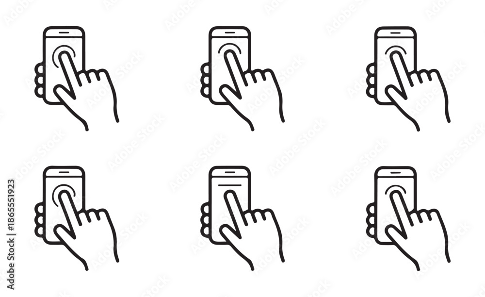 Obraz premium Hand holding smartphone touch screen gesture icons set