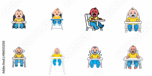 Collection of crying baby illustrations in high chairs, depicting distress, sadness, and toddler tantrums in various cartoon styles.