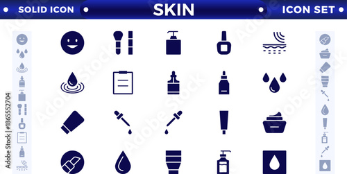 Skin care solid icons set. Moisture cream, acid, anti-wrinkle serum, ceramide, collagen, retinol compound, sunscreen vector illustration. 