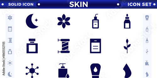 Skin care solid icons set. Moisture cream, acid, anti-wrinkle serum, ceramide, collagen, retinol compound, sunscreen vector illustration. 