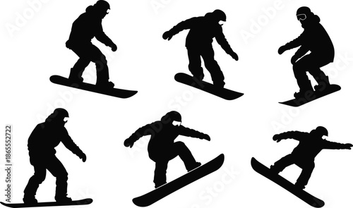 Snowboarder silhouette action collection featuring freestyle jumps tricks winter sports poses isolated black vector illustration for creative design use
