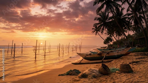 Golden Sunset Over Tropical Beach With Traditional Fishing Boats And Palm Trees Casting Long Shadows Across The Wet Sand