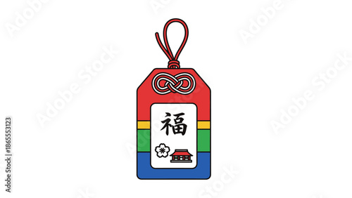 Colorful graphic illustration of a good fortune charm, symbolizing traditional cultural blessings and prosperity with a vibrant Asian-inspired design on a white background