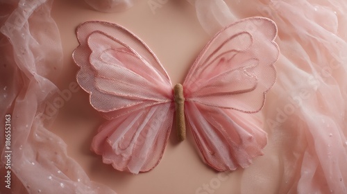 Delicate pink butterfly with translucent wings on a soft pink fabric background, ethereal and dreamlike aesthetic