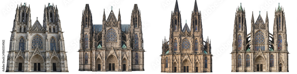 Fototapeta premium Set of Gothic Cathedral Facades with Twin Towers Isolated on White Background