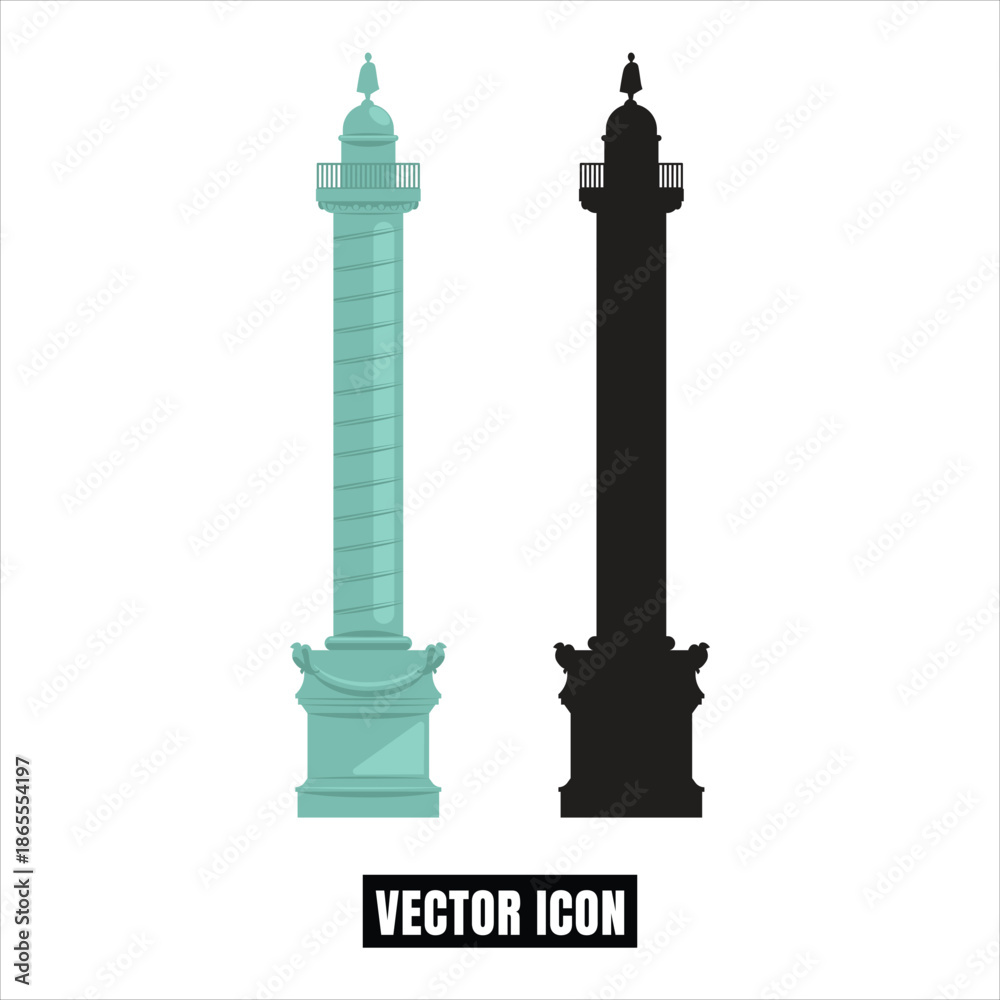 Fototapeta premium Column Icon Vector Illustration: Teal and Black Silhouette on White Background