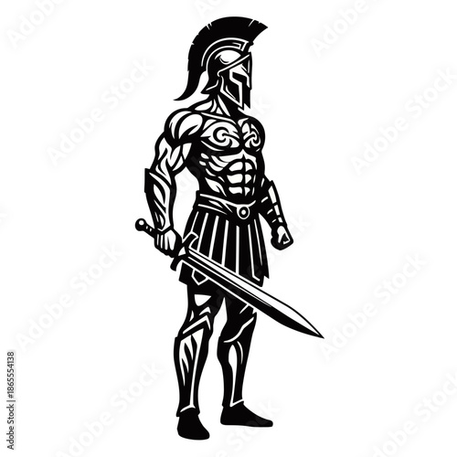A powerful black and white illustration of a muscular Spartan warrior in full armor, holding a long sword, standing in a heroic pose.