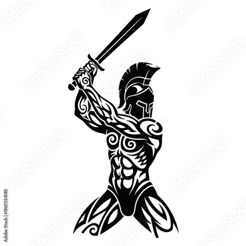 Stylized black and white illustration of a muscular Spartan warrior with a helmet and sword, featuring tribal patterns.
