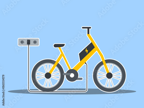 An electric bike (e-bike) that is plugged into an electrical outlet for charging. Modern transportations illustration. Flat vector concept.