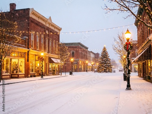 Christmas snowy main street in a small town featuring festive lights and winter decorations