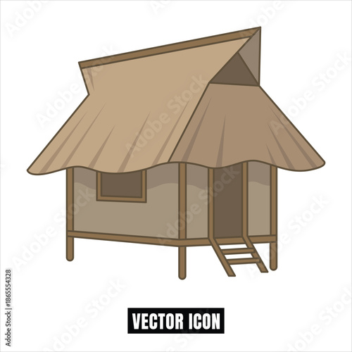 Tropical Hut Vector Illustration Flat Design with Thatched Roof and Ladder