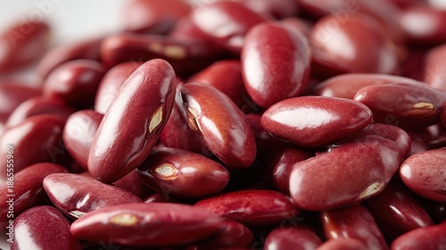 Close-up shot of a pile of kidney beans, showcasing their rich, dark-red hue and smooth, slightly glossy texture. 