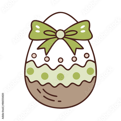 Easter egg decorated with green bow and patterned designs  