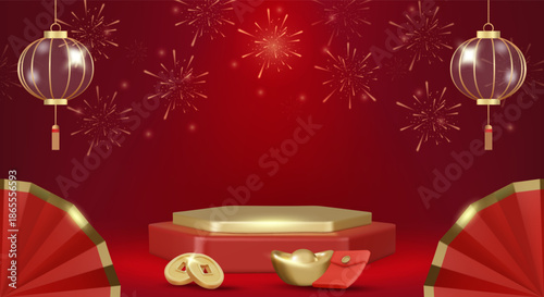 3D vector illustration of red hexagon podium with glass lanterns and gold fireworks. Concept for chinese new year wealth celebration background. Luxury and premium festive design template.