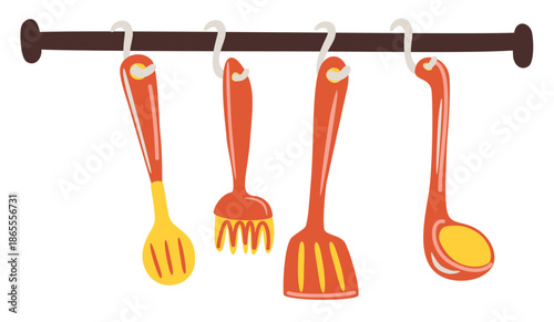 Kitchen and restaurant utensils spatula, whisk, strainer, spoon. Vector cartoon set kitchen cutlery hanging. Hand draw isolated illustration on white background.