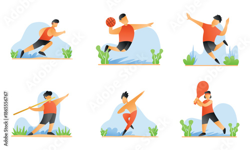 set of sports pose, run, basket, volley, javelin throw, wushu, karate, tennis, flat design illustration good for website, mobile application and graphic design asset