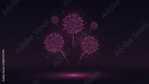 Vibrant pink fireworks exploding in a dark night sky with a subtle glowing ground effect with celebration