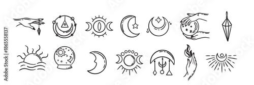 Set Collection Mystical Celestial Dark Holy Simple Minimalism Tattoo Clipart Symbol space doodle Esoteric elements vintage illustration