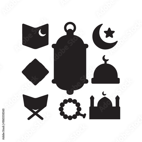 Collection of nine black Islamic religious icons for Ramadan and Eid Mubarak.