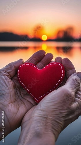 Hands Cradling a Red Heart at Sunset Over Water - Symbol of Love and Connection