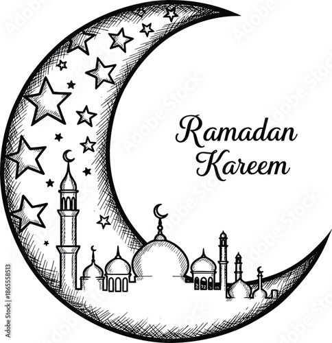 Detailed black and white Ramadan Kareem crescent moon vector featuring mosque silhouette stars and intricate hand-drawn cross-hatching.