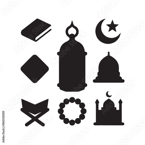 Collection of nine black Islamic religious icons for Ramadan and Eid Mubarak.