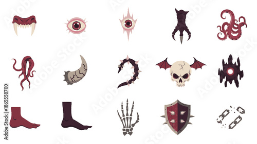 Collection of fantasy and horror themed body parts and symbols.