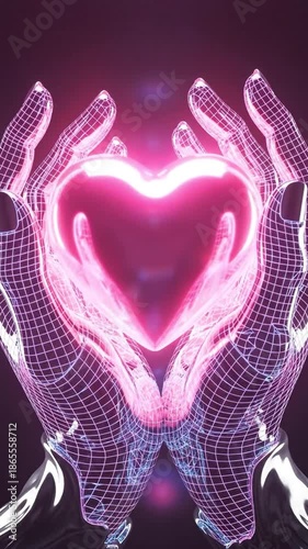 Futuristic Hands Holding Neon Heart - Digital Art Concept of Love and Technology