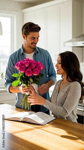 Romantic Couple with Pink Roses in Modern Kitchen Home Setting