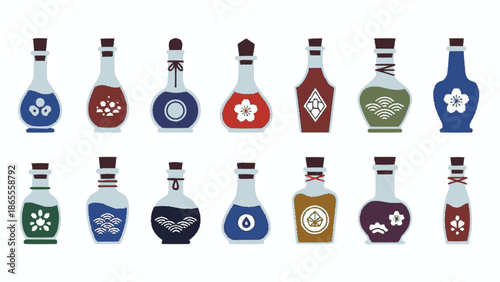Collection of traditional Asian sauce bottles with various designs and colors.