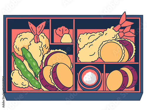A charming artisan lunch box illustration showcases a traditional Japanese bento with colorful food items. Vibrant colors and detailed design make it ideal for food, lifestyle, and marketing visuals.