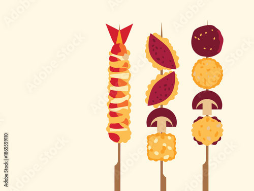 Colorful skewers of gourmet bites arranged on sticks. 'Bite Sized Joy' text overlay. Vibrant, playful design, perfect for food marketing.