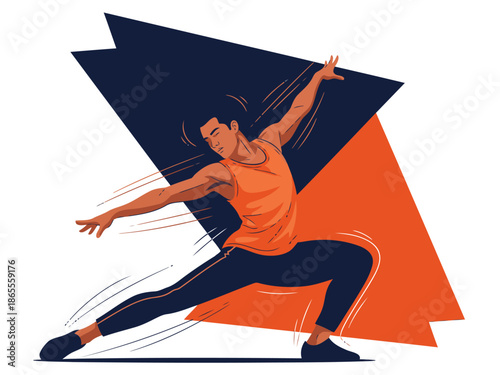 A dynamic young man dances energetically, surrounded by vibrant geometric shapes. Capture the rhythm and energy! Feel the beat.