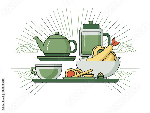 Elevated snack time! A stylish green tea set and shrimp tempura are presented on a tray, perfect for a sophisticated and delicious treat. Modern illustration.