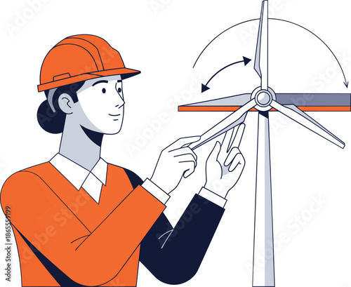 A female engineer inspects a wind turbine, promoting clean energy. Modern illustration style, bright colors, and a focus on sustainable technology. Ideal for environmental campaigns.