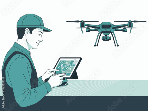 A technician analyzes drone imagery on a tablet, overseeing a farm landscape. Modern, data-driven agriculture. Clear composition, professional setting.