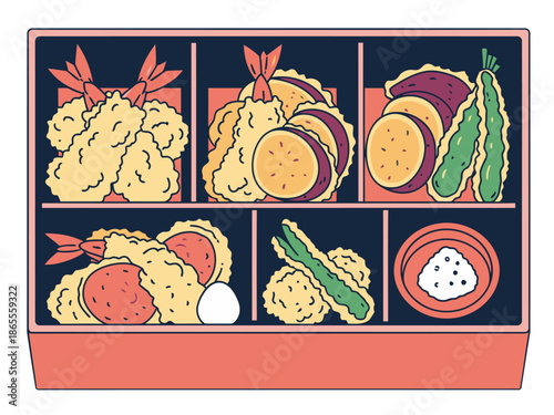 A vibrant artisan lunch box illustration showcases a delicious assortment of Japanese cuisine.  Bright colors and detailed food elements create a visually appealing and commercially ready design.