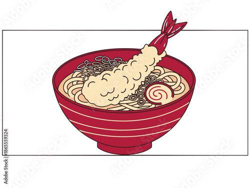 A vibrant illustration of a steaming bowl of shrimp ramen, perfect for a cozy winter feast. Bold red bowl and detailed shrimp create a visually appealing and comforting image.