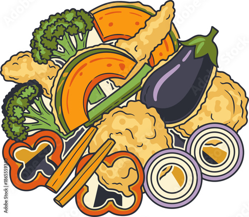 Vibrant garden harvest tempura featuring colorful vegetables.  Appealing composition, bright colors, and perfect for food or lifestyle marketing.