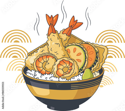 A vibrant illustration showcases a delicious tempura bowl with shrimp and vegetables, emphasizing a satisfying crunch. Bold colors and a modern design make it ideal for food marketing.
