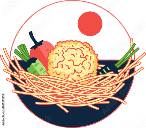 A vibrant illustration showcases Tangled Vegetable Crunch nestled in a stylized bird's nest. Bold colors and a modern design make this appealing food graphic ideal for marketing.