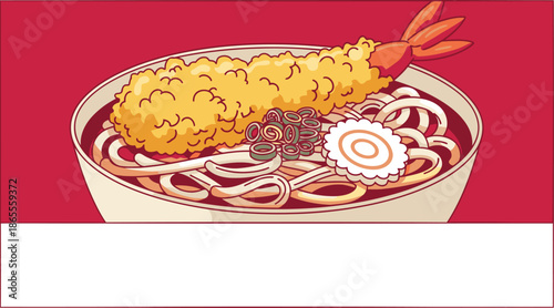 A vibrant illustration showcases a bowl of warm ramen topped with tempura shrimp, perfect for winter.  A delicious and appealing Japanese food image.