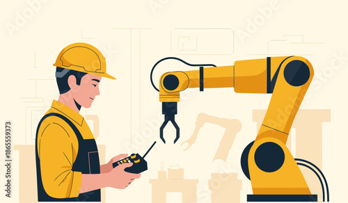 A worker operates a robotic arm in a factory setting, showcasing automation. Modern, bright, and professional.  ?Automating Our World? text overlay.