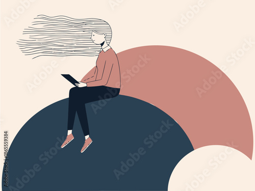 A woman sits on a crescent moon, engrossed in a tablet, radiating curiosity. Soft colors and a modern illustration style evoke a sense of learning and wonder.