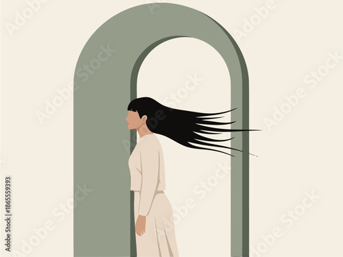 A woman stands before an arched doorway, hair flowing in the wind.  'Find Your Flow' text suggests self-discovery and transition.  Minimalist, calming illustration.