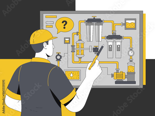 A worker examines a complex industrial control panel, ensuring purity. Modern illustration style, highlighting quality and precision. Protecting our pure.