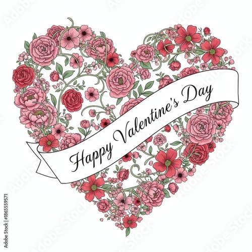 A beautifully illustrated floral heart with red and pink roses and a banner wishing happy valentines day