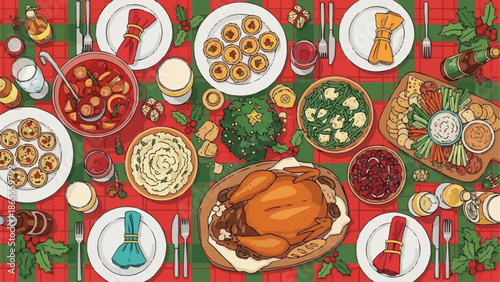 Festive Christmas Dinner Table Setting with Roasted Turkey and Side Dishes.